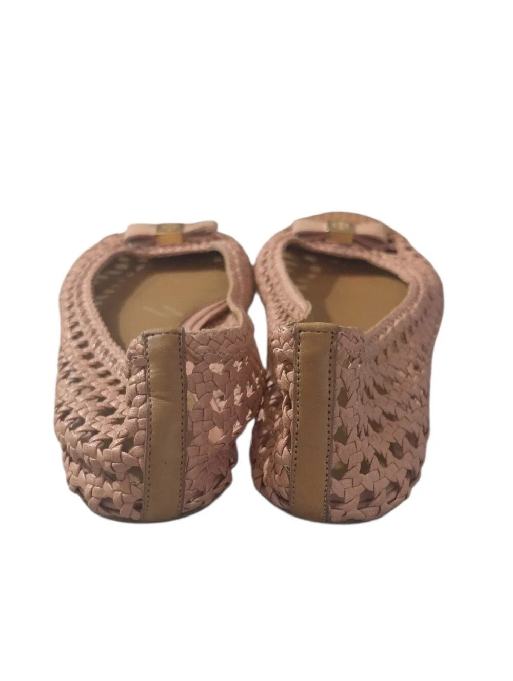 Tory Burch Carlyle Woven Bow Soft Pink Ballet Flats With Tan Cap Toes Sz 11